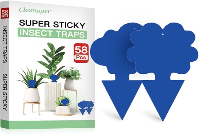 58 Pack Flying Insect Traps for Plants – Blue Sticky Traps for Fungus Gnats, Flies & Flying Bugs, Indoor Outdoor Flying Bug Catcher for Pots, Garden & Kitchen, Non-Toxic, Odorless, Kid & Pet Safe