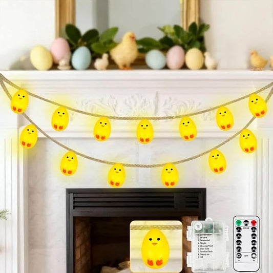 YIQU Easter Decoration String Lights, 10FT 12LED Indoor Chick Mantel Garland Battery Operated with Remote Timer 8 Modes, Hemp Rope Banner for Fireplace Table Wall Spring Party Indoor Outdoor Decor