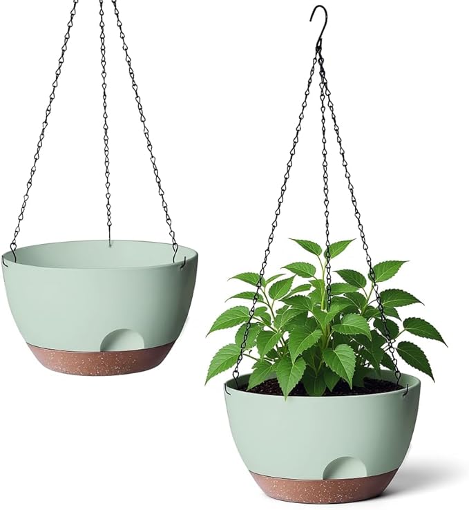 LESOASIS Hanging Planter for Indoor Plants, 10 Inch Self-Watering Hanging Planters with Drainage Holes and Chain, Set of 2 Outdoor Hanging Pots for Garden Home