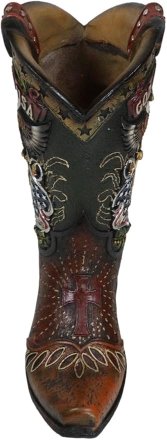 Ebros Gift Rustic Western Country USA American Flag God Bless USA Eagle Seal Crest Cowboy Boot Decorative Flower Bouquet Vase Or Planter Figurine 10" High