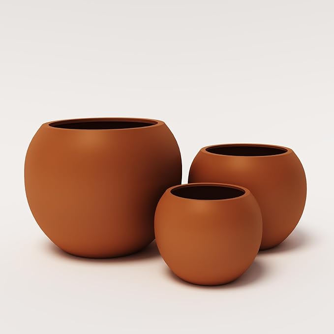 DTY Signature Mount Sherman Modern Indoor Outdoor Fiberstone Sphere Planter, Durable Round Garden Pot, Weather Resistant, Drainage Hole & Rubber Plug - Medium, Terracotta