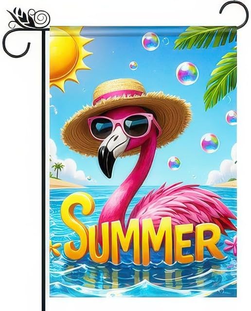 Hello Summer Flamingo Welcome Garden Flag 12 x 18 Inch Double Sided Ocean Beach Tropical Plant Farmhouse Small Yard Flag Summer Seasonal Holiday Outdoor Outside Decoration