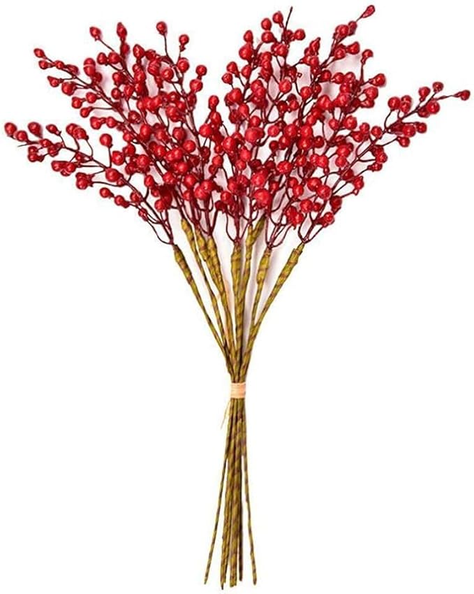 GREENTIME Artificial Red Berry Stems 8 Pack, Festive Christmas Tree Picks, Autumn Fall Home Decor and New Year's Eve Decorations Picks for Holiday Celebrations for Thanksgiving Day Halloween