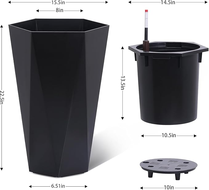 Set of 2 Tall Planters for Outdoor Plants, 22.5" Large Planter Pots with Drainage Holes & Water Level Monitor, Self-Watering Flower Pots for Patio, Porch, Garden, Front Door Decor, Indoor Outdoor