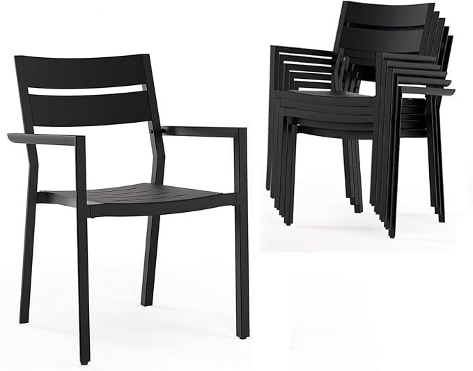 Pellebant Aluminum Stackable Patio Dining Chairs Set of 6, Black Outdoor Dining Chair with Armrest, All Weather for Patio, Lawn, Garden