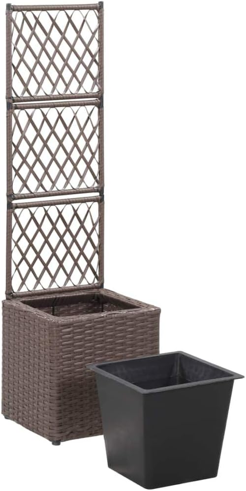 vidaXL Poly Rattan Planter with Removable Pot and Built-in Trellis, Brown, Square-Shaped, Outdoor Planter for Climbing Plants