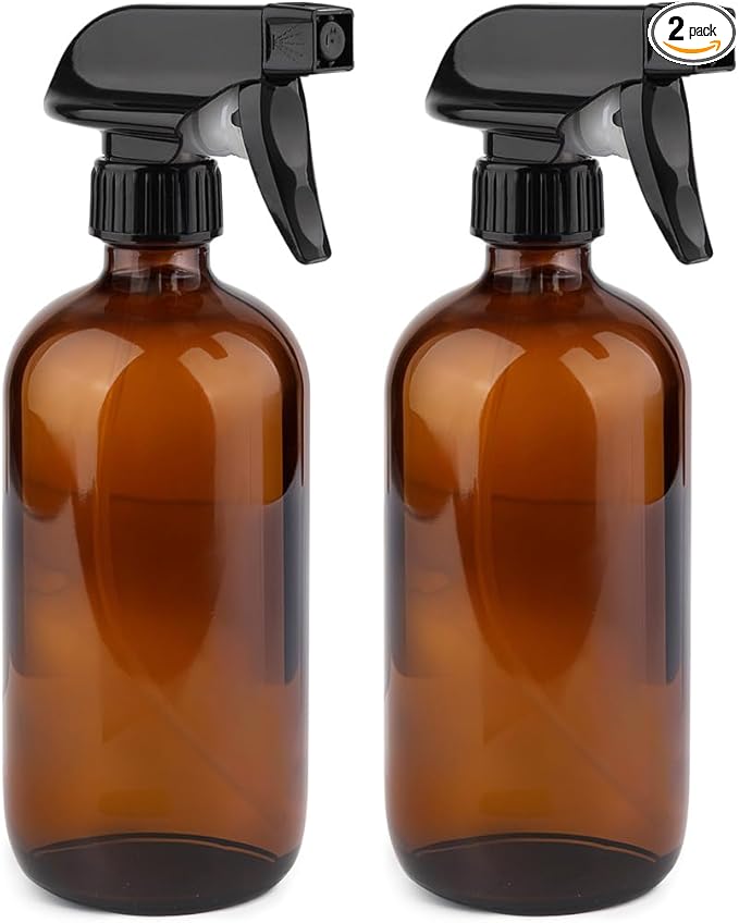 GLING 16 oz 2 Pack Amber Glass Spray Bottles, Refillable Empty Dark Glass Spray Bottle Great for Cleaning Solutions, Essential Oils, Hair, and Plants, Adjustable Nozzle for squirting and Mist