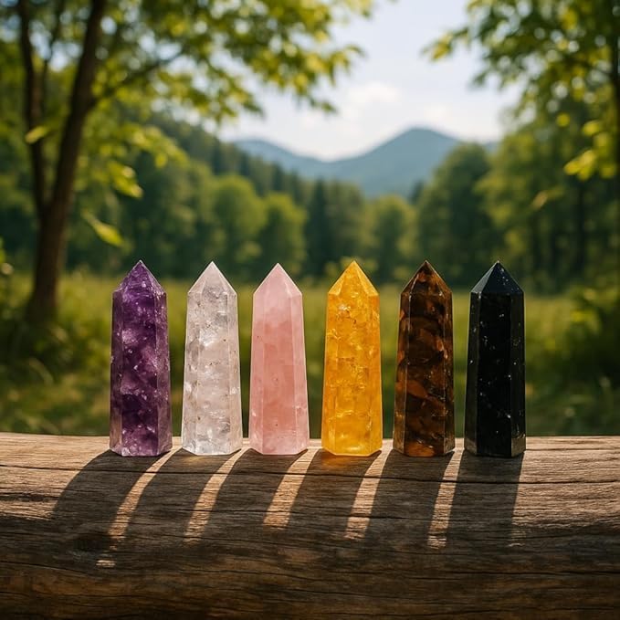 ANAYA AGATE Healing Crystal Wand Set of 6 Orgonite 3.5 Inch Gemstone Towers – Amethyst, Rose Quartz, Citrine, Clear Quartz, Tiger Eye, Black Tourmaline Necklace ChristmasGift Set