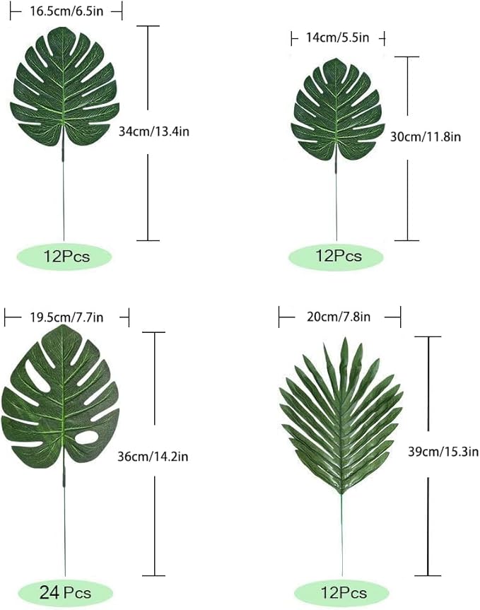 60 Pieces 4 Kinds Artificial Palm Leaves with Faux Stems Tropical Plant Leaves Monstera Leaves Safari Leaves for Hawaiian Luau Party Jungle Beach Table Leave Decorations