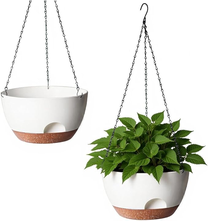 LESOASIS Hanging Planter for Indoor Plants, 10 Inch Self-Watering Hanging Planters with Drainage Holes and Chain, Set of 2 Outdoor Hanging Pots for Garden Home