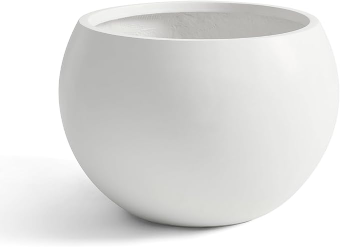 FloraFairy Fiberstone Sphere Planter, 15.8" Dia Round Flower Pot with Drainage Hole and Removable Plug, Plant Pot for Indoor Outdoor Use, 11.8" Opening-10.9" H Medium, White