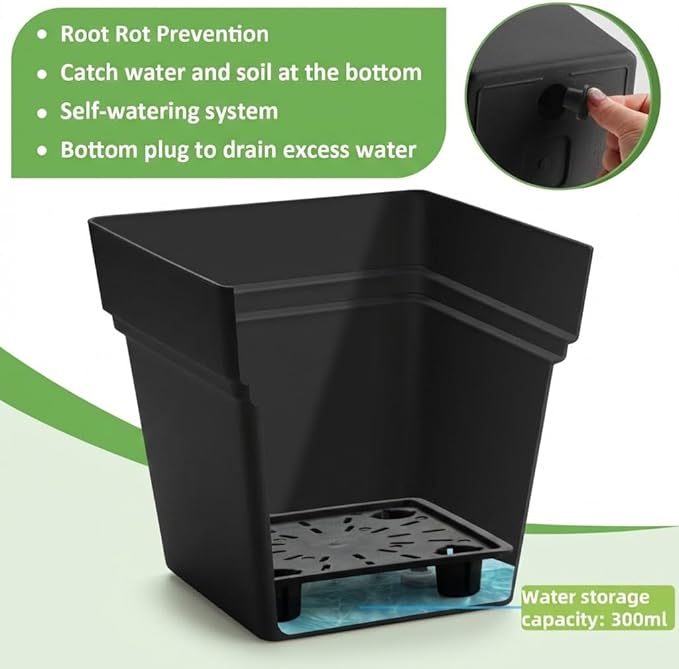 RooTrimmer 6-Pack 7'' Square Planters with Built-in Drainage Tray – Heavy-Duty Black Plastic Planter with Drainage Hole and Bottom Stopper, BPA-Free Black Plant Pots Matte Finish for Indoor Outdoor