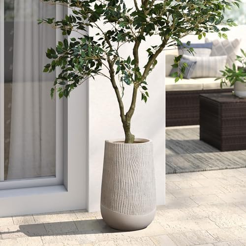 LuxenHome 19" H Concrete Tall Planter, Large Outdoor Indoor Decorative Plant Pot with Drainage Hole and Rubber Plug, Modern Blended Tan with Wood Pattern Planter Pot for Home Garden Patio