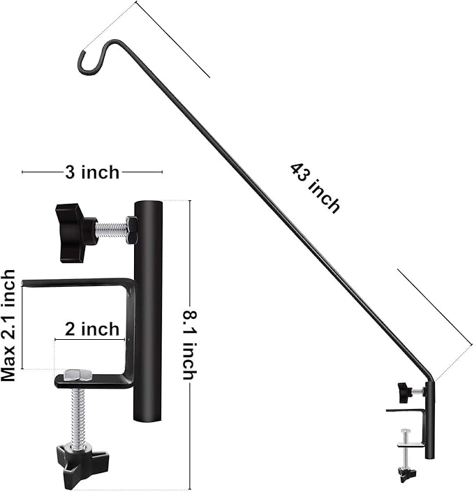 ERYTLLY Heavy Duty Deck Hook, Extensible and Adjustable Deck Hook with 2" Non Slip Horizontal Clamp for Hanging Bird Feeder, Plants, Suet Baskets,Wind Chimes,Lanterns and More