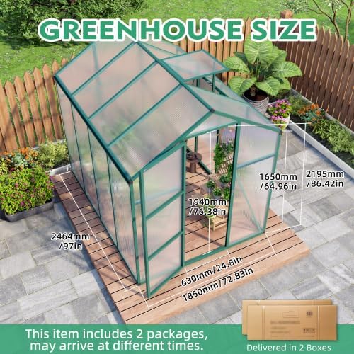 6x8.1 FT Greenhouse for Outdoors, Polycarbonate Greenhouse with Stronger Wind Protection, Lockable Door and Roof Vent, Large Walk-in Aluminum Sunroom for Garden, Backyard, Lawn, Green