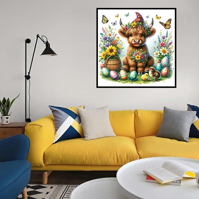 Axquilon Easter Diamond Art Kits for Adults - Highland Cow Diamond Painting Kits for Adults Beginner, DIY 5D Full Drill Gem Art for Home Wall Decor 14x14 inch