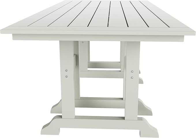 WestinTrends Malibu 7 Piece Adirondack Outdoor Dining Set, All Weather Poly Lumber Patio Table and Chairs Furniture Set, 71" Trestle Dining Table and 6 Adirondack Dining Chair, Sand