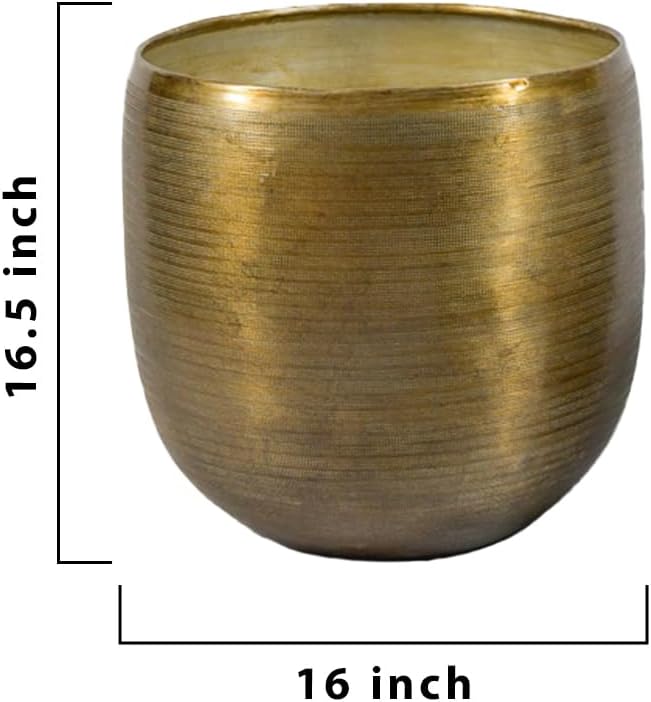 Serene Spaces Living Brass-Toned Aluminum Cachepot Planter, Handcrafted in India, Wedding, Home & Office Decor, Planter for Indoor Plants, Flowers, Table Centerpieces, 16" Diameter X 16.5" Tall