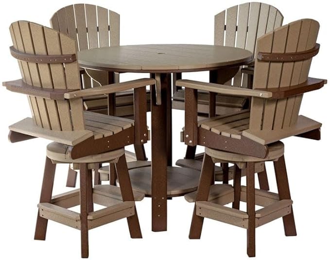 DutchCrafters Recycled Poly Round Balcony Dining Set, Table with 4 Chairs, Bar Height, Swivel Chairs, 5 Piece Patio Furniture Set, Amish Made in USA, Two-Toned Colors (Weatherwood & Brown)