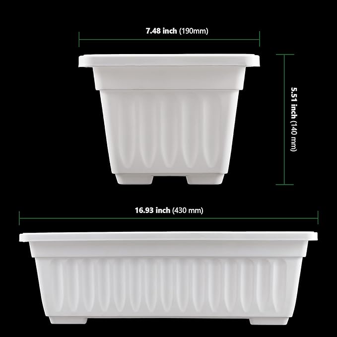 HAKZEON 6 Pack 17 Inches Plastic Flower Box Planters with Trays, Countryside Flower Window Boxes with 30 Plant Labels, White Rectangular Vegetable Planters for Windowsill, Porch, Balcony, Garden