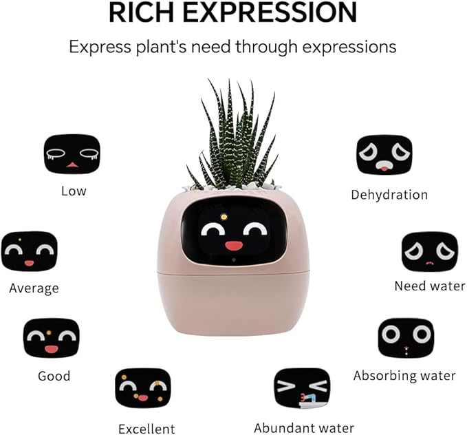Odpaltoy Smart Plant Pot with Expression, AI Intelligent Flower Pot for Indoor Decoration, Smart Garden Pot with Water/Light/Temperature Sensors, Ivy AI Planter(Pink)