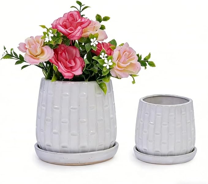 Ceramic Plant Pots, 7 + 5 Inch, Set of 2 Flower Pots with Drain Hole and Saucers, Bamboo Pattern Planter for Plants Orchids Succulents Indoor/Outdoor, Plant Gifts - White