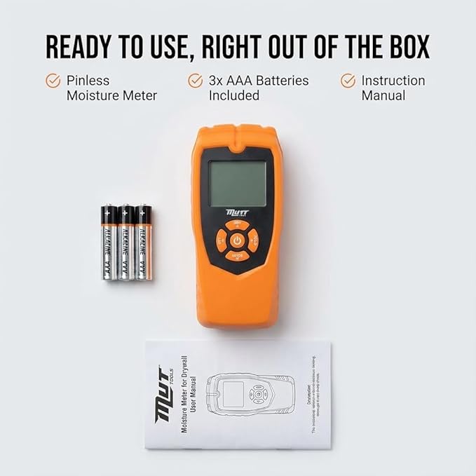 Mutt Tools Pinless Moisture Meter for Drywall – Non-Destructive Wood Moisture Meter for Walls, Wood and Masonry – Detects up to 2 Inches Below the Surface