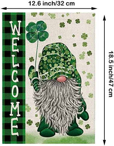 St Patricks Day Garden Flag Green Gnome Shamrocks Vertical Double Sided Burlap Flag Welcome St.Patrick's Day Holiday Yard Outdoor Decor 12.5 x 18 Inch