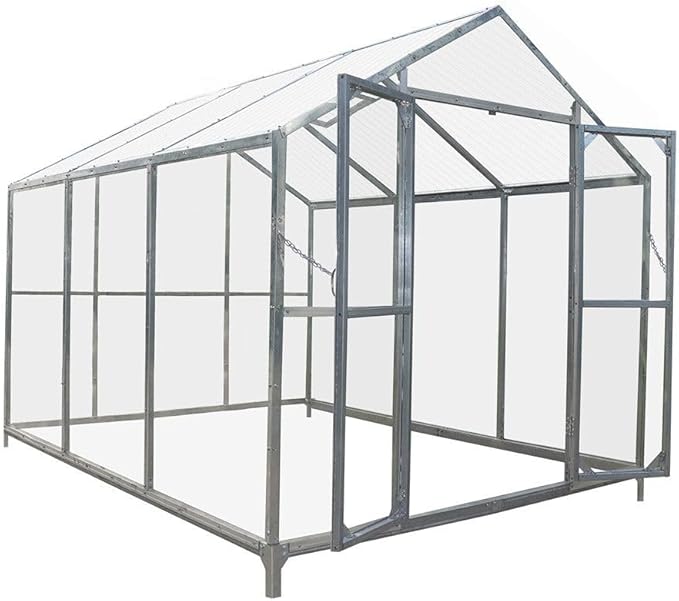 Year-Round 8x10ft Greenhouse with 4mm Twin-Skin Polycarbonate Top Crystal-Clear Hard Panel Walls Galvanized Robust Frame Ground Anchors Manual Airflow Regulation Vents Optimized Sun Exposure