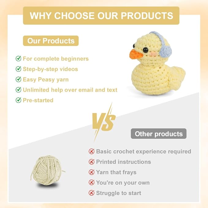 Duck Crochet Kit for Beginners - Complete Amigurumi Starter Set with Step-by-Step Video Tutorials | Easy-to-See Anti-Split Yarn & Pre-Started Magic Loop | Ideal Creative DIY Gift for Adults & Kids