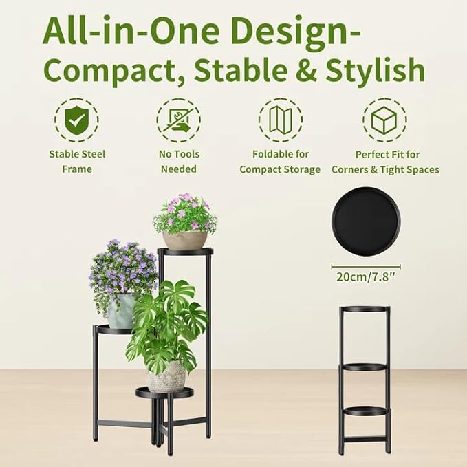 NQW 3 Tier Large Plant Stand Indoor with 7.9 Inch Wide Tray, Tiered Corner Metal Outdoor Flower Holder Stand, Folding Tall Rack for Display Shelf for Patio Porch Balcony - BlackDisk