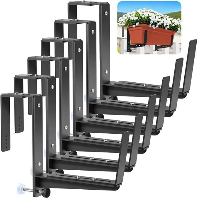 Window Box Brackets, Adjustable Planter Box Brackets, Heavy Duty Iron Flower Box Brackets for Railings, with Enhanced Bottom Support - Perfect for Balconies, Fences, and Gardens (Black, 6 Pack)