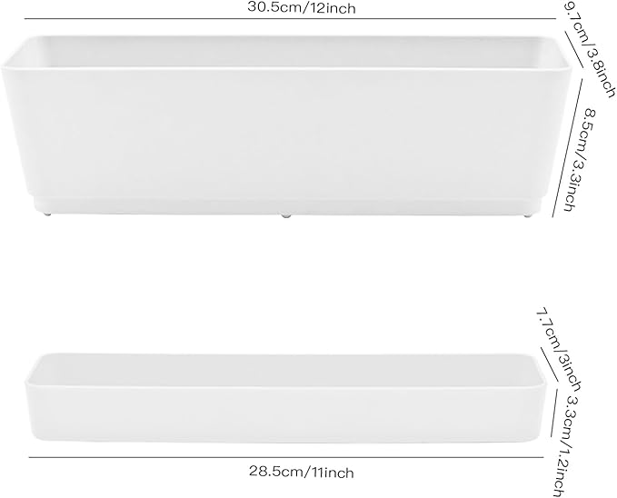 Lainrrew 3 Pack Window Box Planters, 12 Inches Rectangular Planter Plastic Flower Box Plant Pots Plant Containers with Tray for Balcony, Windowsill, Garden, Home Office Outdoor Decoration, White