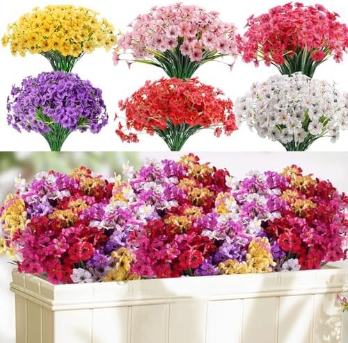 60 Pack Artificial Flowers Outdoor, Faux Silk Flowers for Outdoors Outside Front Porch Hanging Planter Window Box Garden Decoration(Mixed)