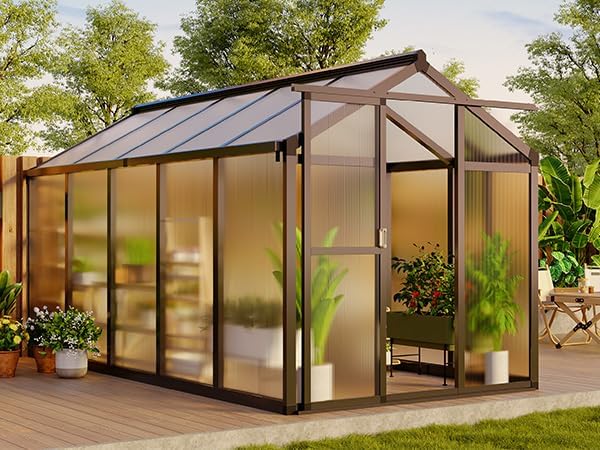 6x10ft Greenhouse Aluminum Greenhouse for Outdoors with Roof Vent, Lockable Smooth-Gliding Sliding Door, Heavy-Duty Polycarbonate Walk-in Green House for Garden, Backyard, Patio, Lawn, Dark Grey