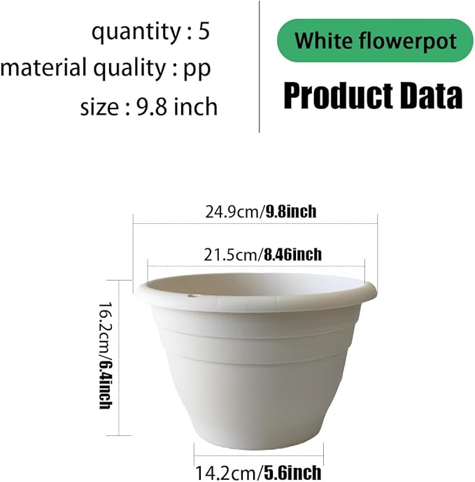 RooTrimmer Plant Pots Set of 5, 10" Outside Diameter Flower Pots, 8.5" Inner Diameter Plant Planters with Drainage Hole, Durable Garden Pots Perfect for Indoor & Outdoor Plant Planting, Decor, White