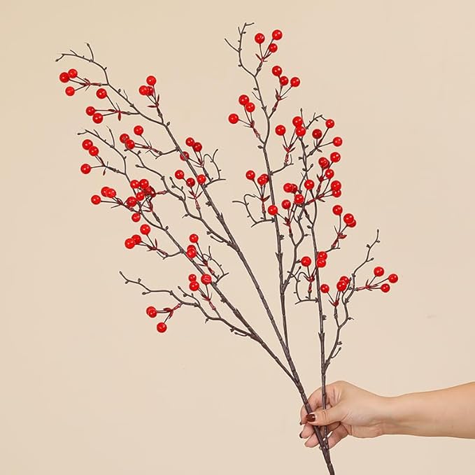 KYMY Artificial Red Berry Branch 27.5 Inch, Faux Winter Berry Stem for 2026 Chinese Vietnamese New Year Decorations, Realistic Holiday Floral Pick for Vase Table Home Party Decor