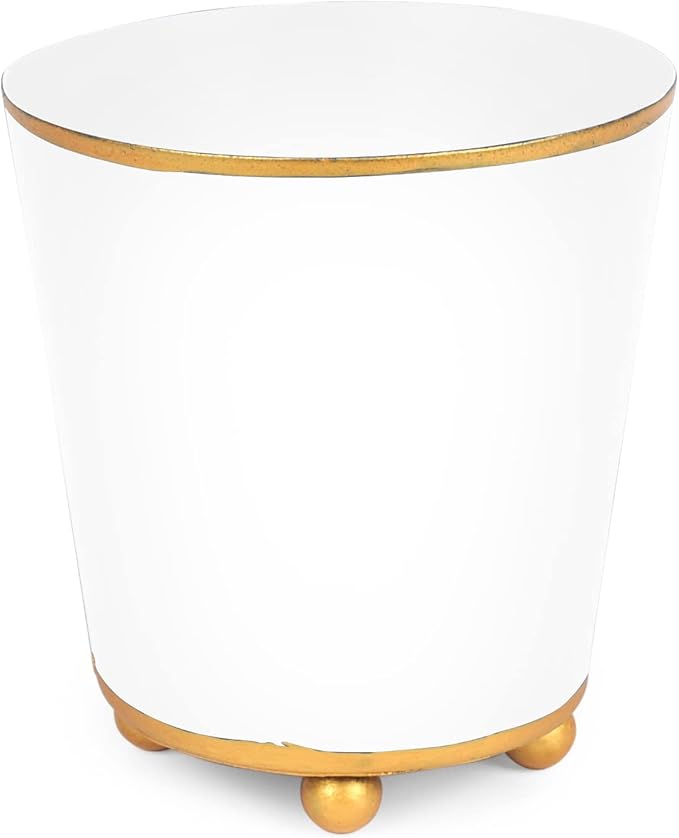 Jaye's Studio Mattie White, Decorative Round Cachepot & Planter, Matte White, Gold Trim & Finish, Hand-Painted, Handcrafted Metal, Luxury Indoor Planter, Size 4"