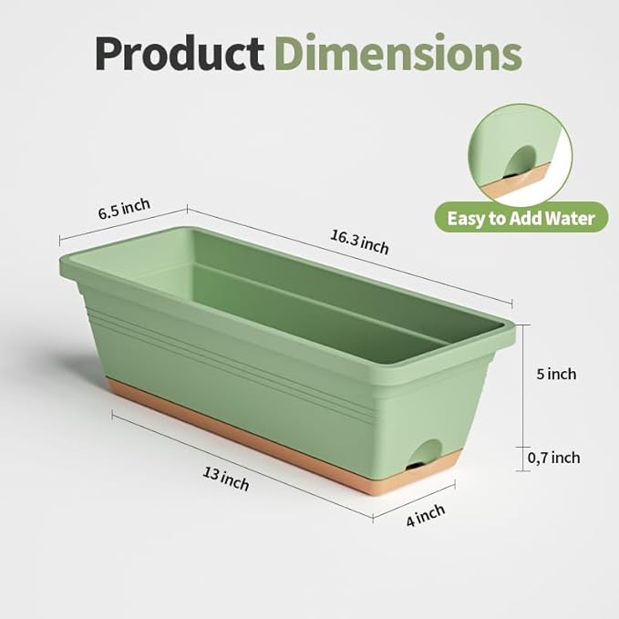 Window Box Planter, 6 Pack Plastic Vegetable Flower Window Planters Boxes 16 Inches Rectangular Flower Pots with Drainage Holes and Saucers (Mixcolor)