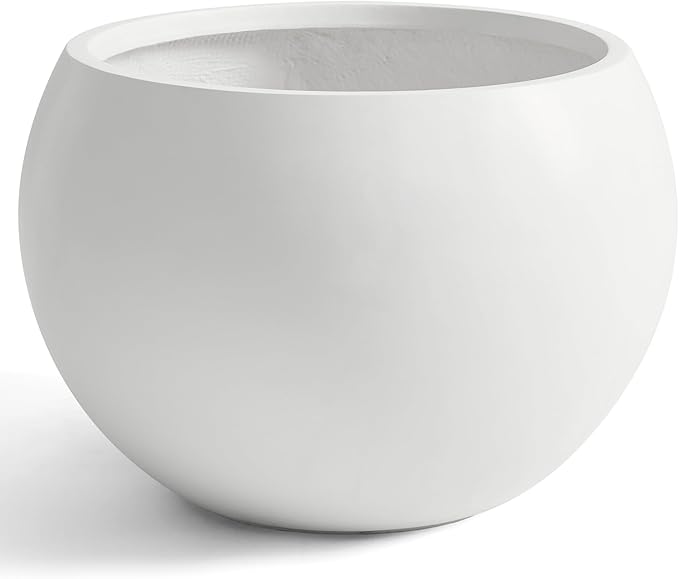 FloraFairy 21.3" D Fiberstone Extra Large Planter, 16.6" Pot Opening x 14.8" H, Spherical Flower Pot with Drainage Hole, Weather Resistance Indoor Outdoor Planters, White