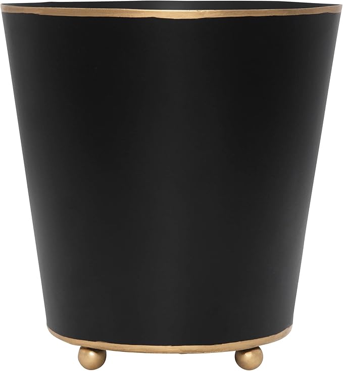 Jaye's Studio Mattie Black, Decorative Round Cachepot & Planter, Matte Black, Gold Trim & Finish, Hand-Painted, Handcrafted Metal, Luxury Indoor Planter, Size 6"
