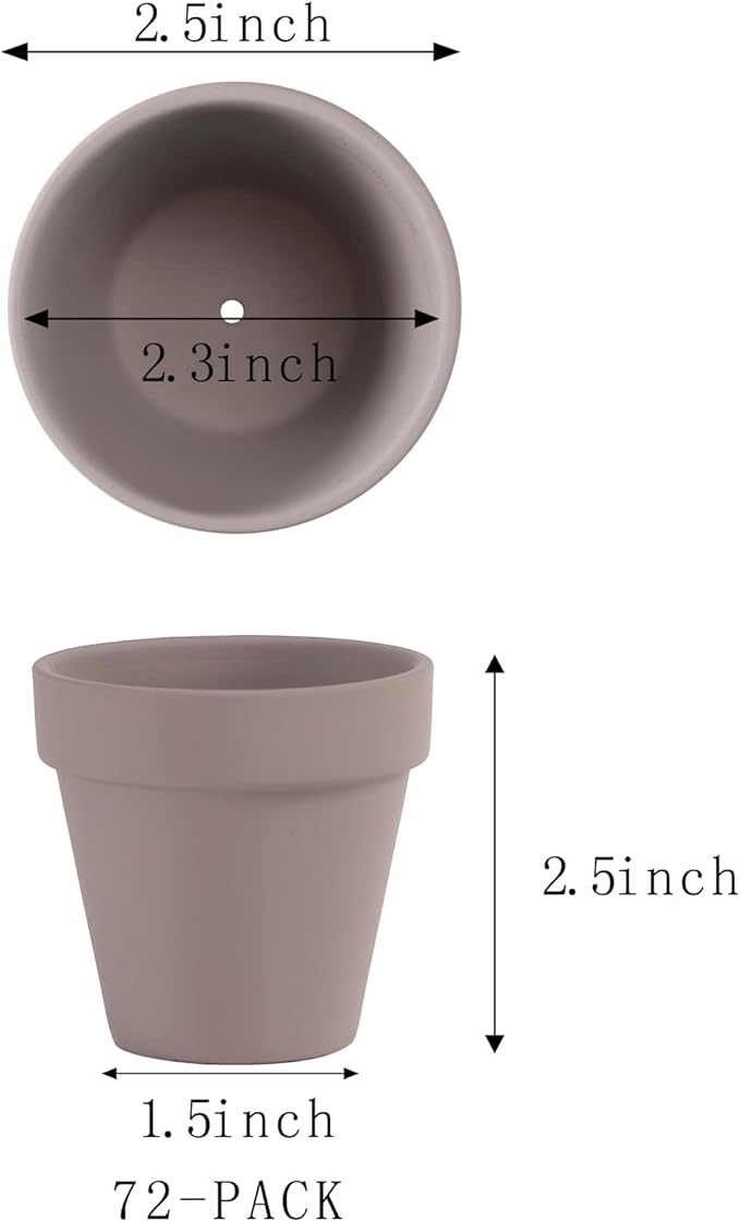 72 PCS Small Mini Grey Clay Pots with Drainage Holes, 2.5inch Terra Cotta Pot Clay Ceramic Pottery Planter, Succulent Nursery Pot/Cactus Plant Pot, for Indoor/Outdoor Plants, Crafts, Wedding Favor