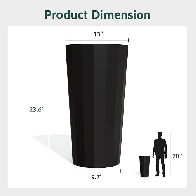 Diyfire 2PCS Tall Planters for Outdoor Plants, 23.6 Inches Large Outdoor Conical Flower Pots for Porch with Drainage Holes and Drainage Baffle, Tapered Large Planters for Garden, Balcony Use, Black