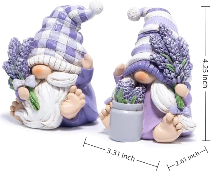 Hodao Set of 2 Lavender Gnome Figurines - Indoor Resin Decor for Home Shelf, Tiered Tray | Spring & All-Season Decoration