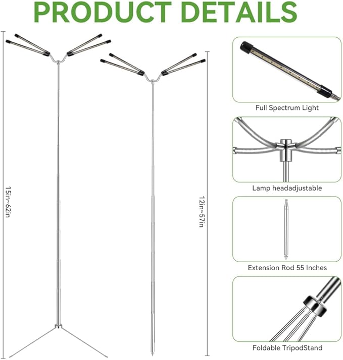 Grow Lights for Indoor Plants Full Spectrum,15-62 Inches Height Adjustable Dsektop and Standing Plant Growing Lights with Detachable Tripod Stand for Large and Small Plants, Auto On/Off Timer