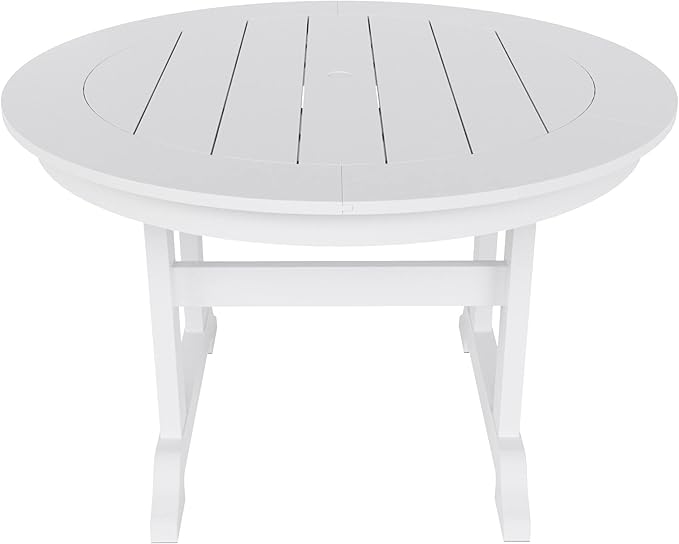 WestinTrends Malibu 5 Piece Adirondack Patio Dining Set, All Weather Poly Lumber Outdoor Table and Chairs Furniture Set, 47" Trestle Round Dining Table and 4 Adirondack Dining Chair, White