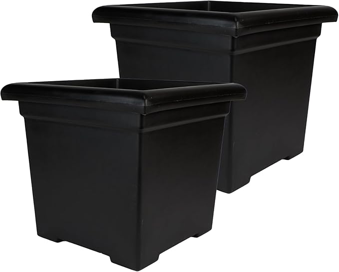 The HC Companies 12.5 Inch Accent Square Plant Pots with Drainage, Lightweight UV-Resistant Plastic Planters for Indoor & Outdoor Plants, 2-Pack Flower Pots for Garden, Office & Home Decor, Black