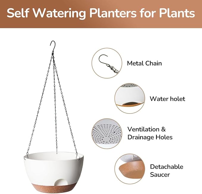 LESOASIS Hanging Planter, 12 Inch Self-Watering Hanging Planters for Indoor Outdoor Plants, Hanging Basket for Plants Flowers Outdoor (White)