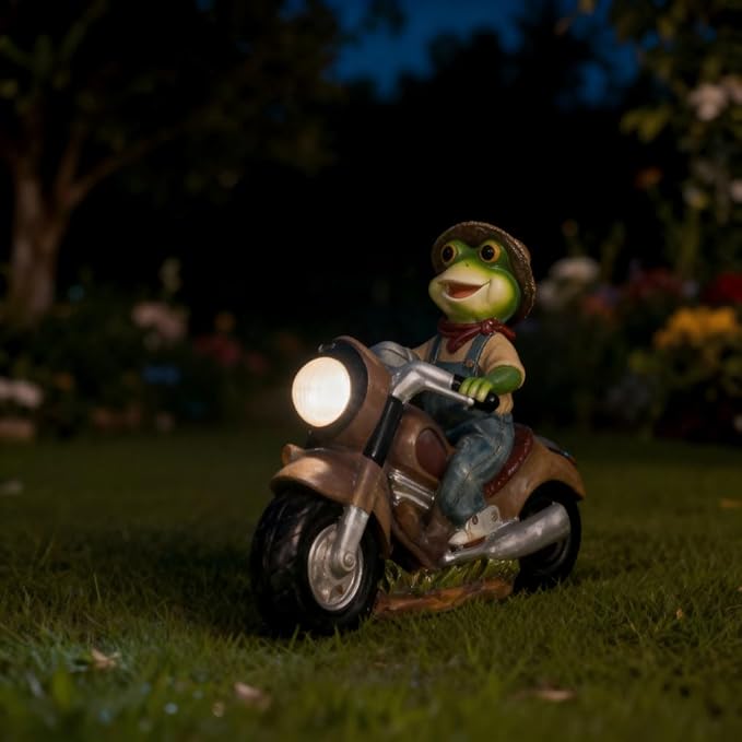Solar Frog Motorcycle Statue Light-Outdoor Garden Decor Figurine with LED Headlight,-Resin Frog Riding Motorbike Ornament for Patio, Yard, Lawn, Pathway- Unique Housewarming Gift