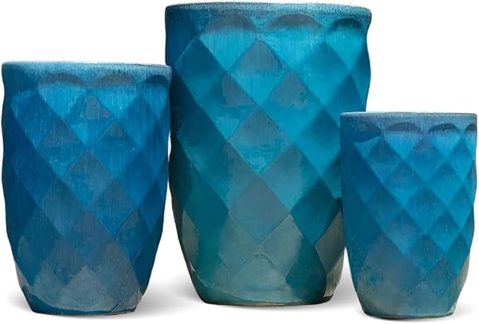 PLANTATOREM Medium High Diamond Planter Set of 3 - Falling Aqua Elegant Ceramic Pots with Drainage - Durable Indoor Outdoor Use - Matte Finish - 18" Diameter, 26" Height for Creative Arrangements
